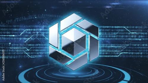 Futuristic Abstract Digital Cube Portal with Glowing Blue Energy and Data Streams