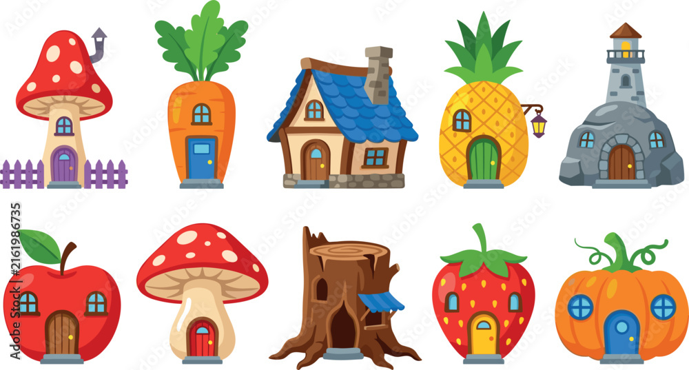 Fototapeta premium Fairy Tale Fantasy House Vector Icon Set with Mushroom Cottage, Tree Stump, Pumpkin, Carrot, Pineapple, and Fruit Homes for Game UI Asset Designs