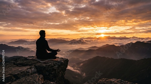 Man meditating in lotus yoga pose on rocky mountain cliff edge above clouds at golden sunrise, spiritual mindfulness practice, inner peace and wellness with breathtaking panoramic