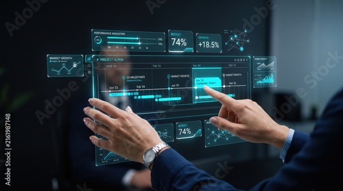 Business professionals analyzing futuristic holographic data interface with performance indicators, budget metrics and growth charts on virtual screen in modern corporate office