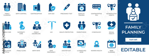 Family planning icon set with pregnancy health care, wellness fertility, and childbirth planning symbols.