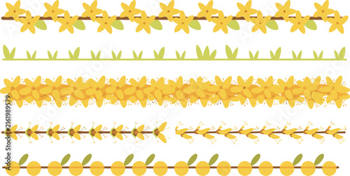 Yellow Floral Border Collection with Seamless Flower Garlands, Leaf Borders, Botanical Dividers, and Decorative Spring Frames for Vector Designs
