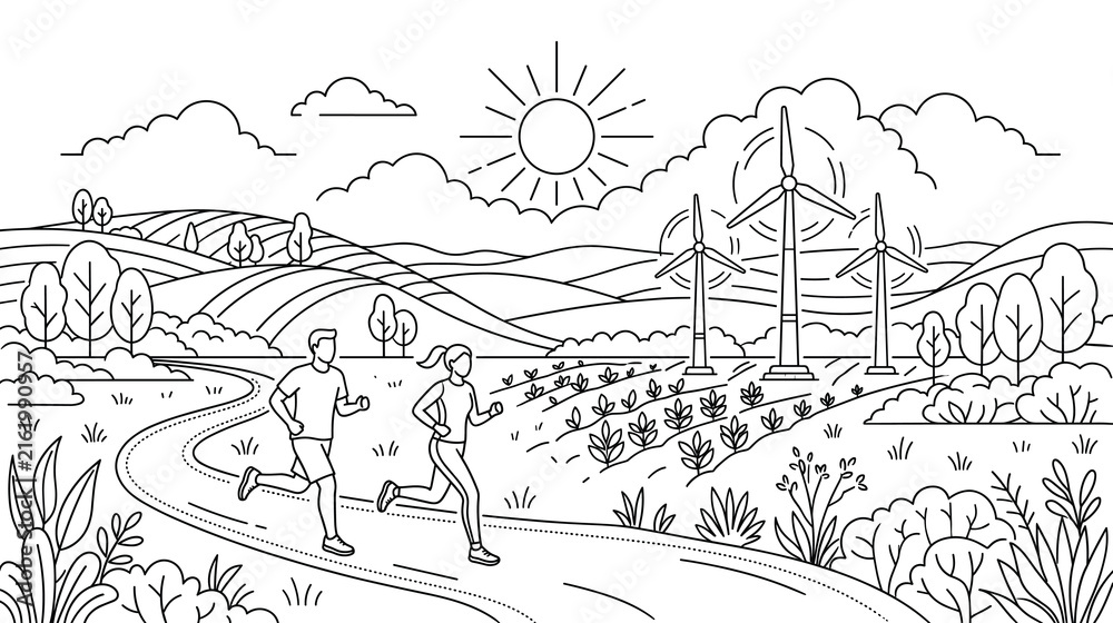 Fototapeta premium Couple jogging on path through farm field wind turbines rural landscape vector line artwork.