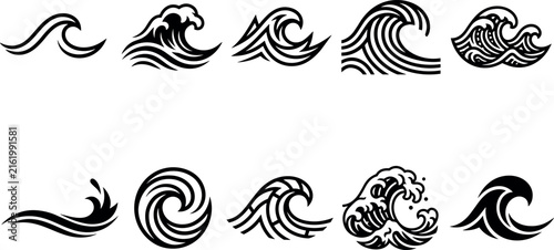 Photography Ocean Wave Logo Icon Set with Dynamic Sea Water and Surf Symbols