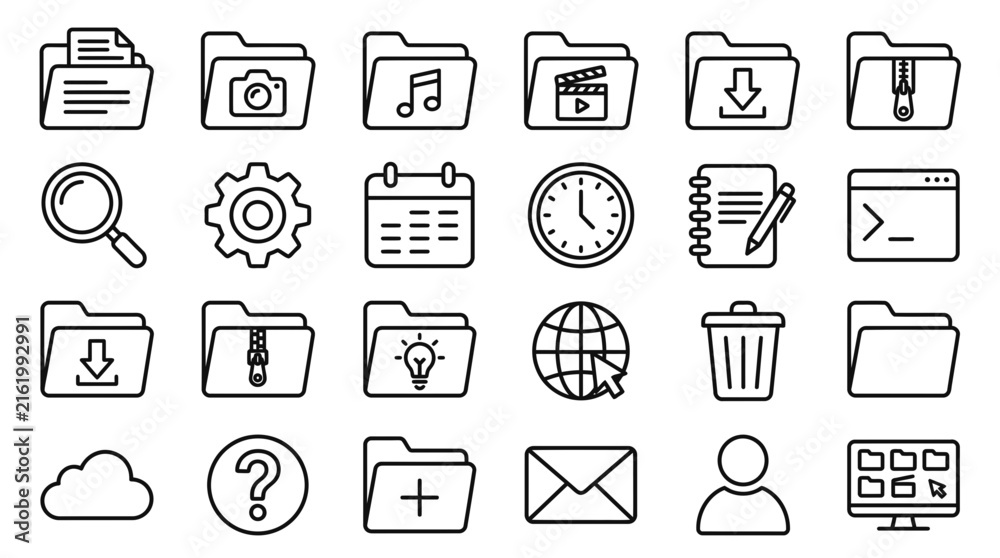 Fototapeta premium Collection of line art icons representing various digital and organizational tools for user interfaces.