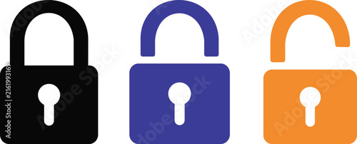 Set of three colorful padlock icons representing locked and unlocked security status