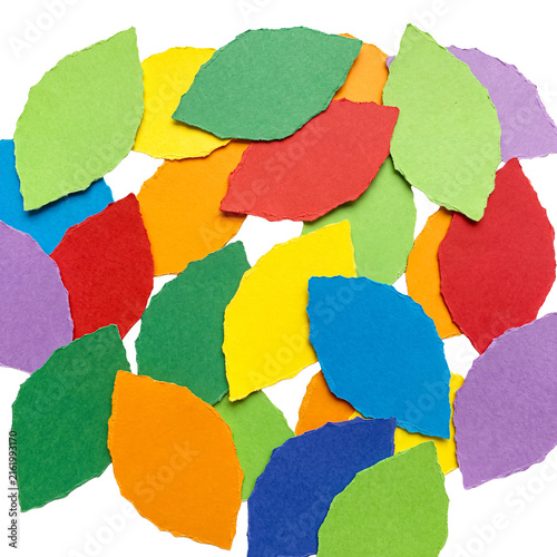 Close-up of richly textured, torn multicolored paper leaves in a dense, overlapping arrangement.