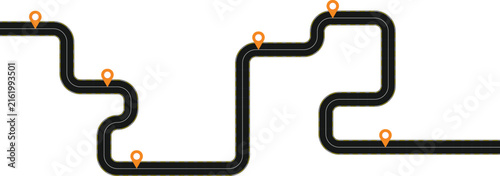 Winding road map with orange location pins isolated on white background