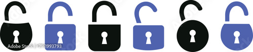 Set of black and blue open padlock icons for security and privacy design