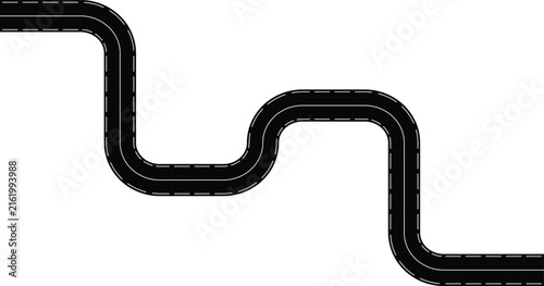 Winding black asphalt road top view with white dashed lines isolated on a white background