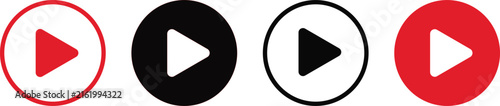 Set of four different play button icons in red and black colors for media player interface design