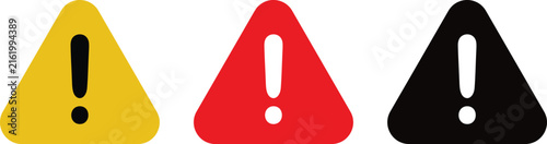 Set of three colorful triangle warning signs with exclamation marks for safety and caution alerts