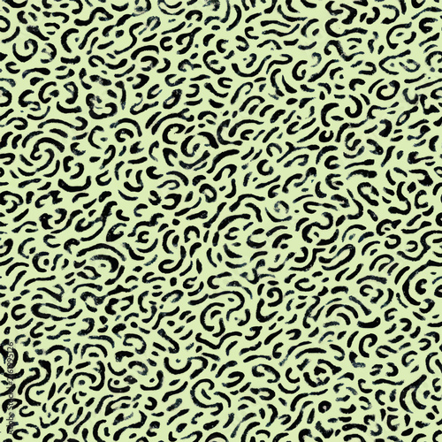 Abstract seamless pattern featuring densely scattered cream and pale yellow dots of varying sizes on a deep black background, creating a bold organic texture with a retro optical aesthetic.