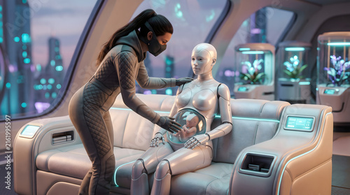 Human examining pregnant robot in futuristic sci-fi clinic