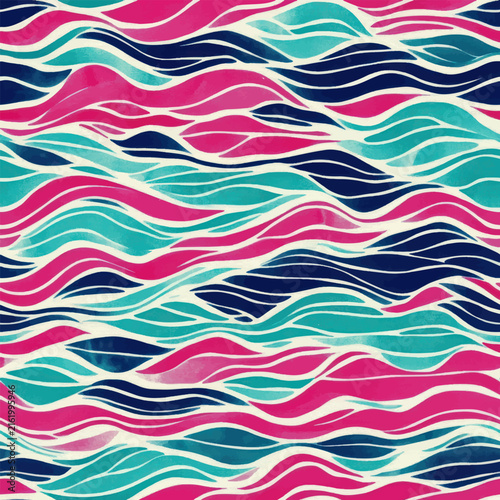 Vibrant abstract seamless pattern featuring flowing wavy bands in turquoise, magenta, navy blue, and white, creating a dynamic rhythmic design inspired by ocean waves and retro modern art.