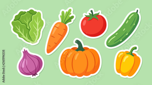 Colorful vector illustration collection featuring fresh organic vegetables like lettuce carrot tomato cucumber pumpkin and onion on light green background