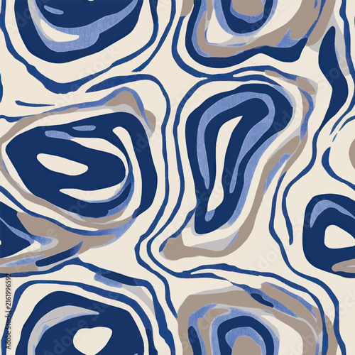 Abstract seamless pattern featuring bold navy blue and beige fluid shapes outlined with organic curved lines on a cream background, creating a sophisticated marbled and contemporary design.