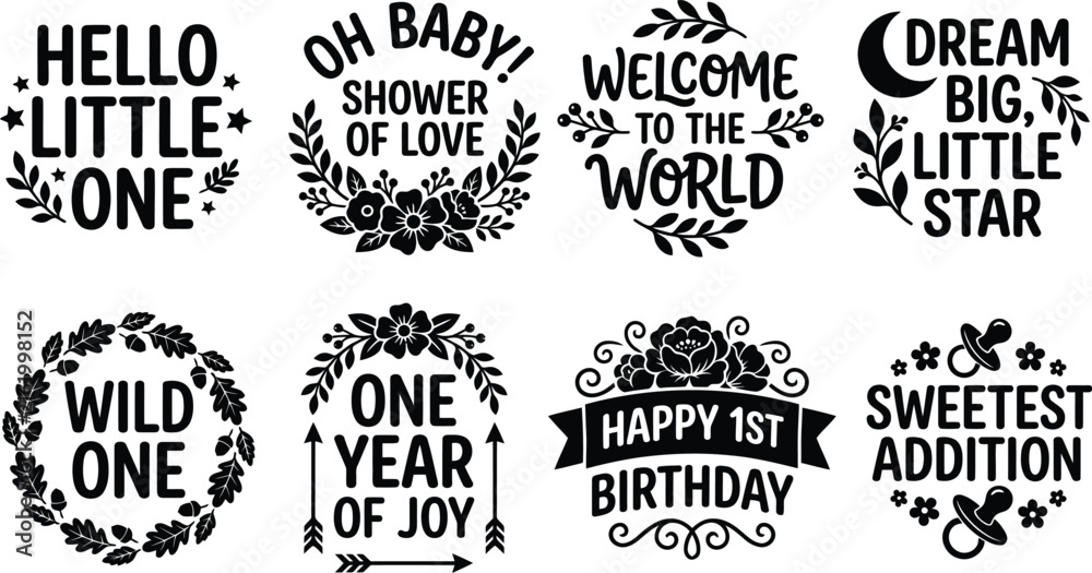 Fototapeta premium Baby Typography Silhouette Collection Featuring Decorative Lettering for Nursery Announcements Birthday Celebrations and Greeting Card Projects