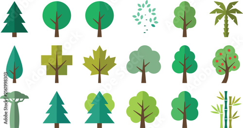 Minimalist flat tree icon vector set featuring geometric illustrations of pine oak palm bamboo baobab maple and fruit orchard decals