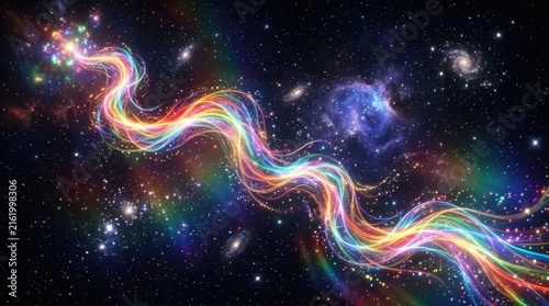 Vibrant rainbow nebula stream in deep space, cosmic background with galaxies and stars