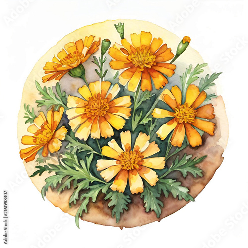 watercolor painting of flower and leaves, hand drawn illustration