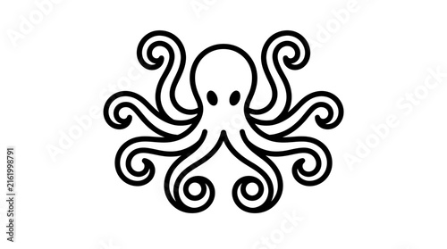 A simple, stylized black and white outline drawing of an octopus with curly tentacles and dot eyes, facing forward.