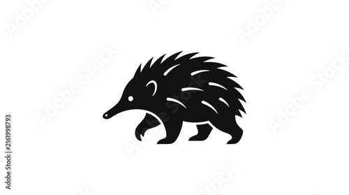 Stylized black silhouette of an echidna walking on a white background.