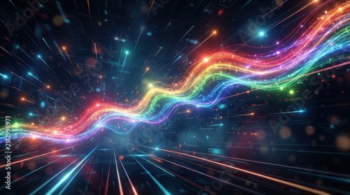 Vibrant rainbow wave of light trails across futuristic digital cityscape