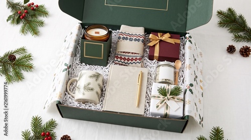 Holiday gourmet snack gift box with premium treats and festive packaging for corporate clients