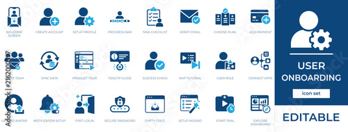 User onboarding icon set including user profile welcome, create login guide, and user feedback symbols.