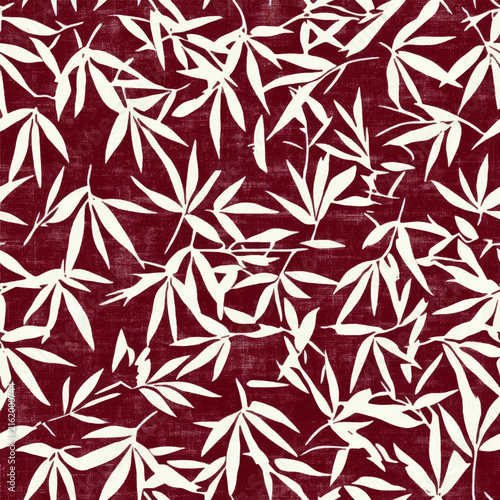 Bold botanical seamless pattern featuring delicate white bamboo-like leaves and branches layered over a deep burgundy red background, creating an elegant Japanese-inspired decorative design.