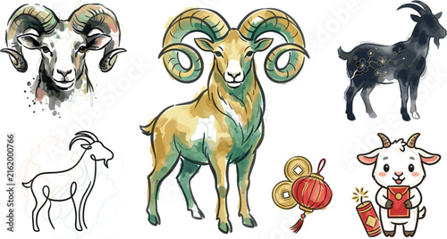Chinese New Year goat zodiac vector illustration set featuring watercolor ram sketches, minimalist line art goat, and cute cartoon kid character assets