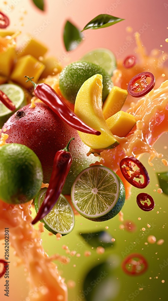 Fototapeta premium Vibrant Splash of Tropical Fruits and Spicy Chilies with Refreshing Juice Motion
