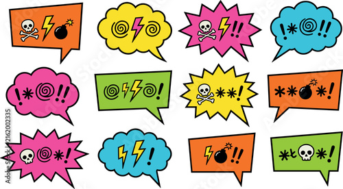 Pop art comic swearing speech bubble vector set featuring profane censor symbols skull crossbones lightning bolt bomb and exclamation marks isolated on white background