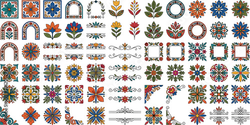 Mexican talavera tile vector pattern elements set with floral ornaments frames borders arches and mandalas