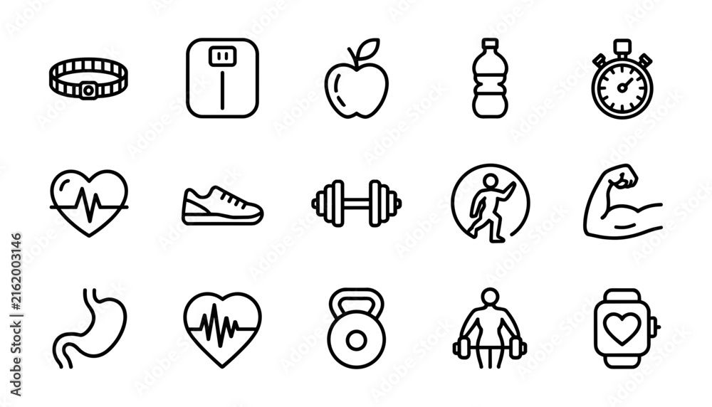 Fototapeta premium Fitness and healthy lifestyle workout activity minimal outline line art vector icon set bundle for mobile application UI.
