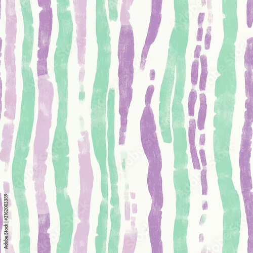 Pastel abstract seamless pattern featuring soft vertical hand-painted stripes in mint green, lavender, and pale pink on a white background, creating a light and playful watercolor texture.