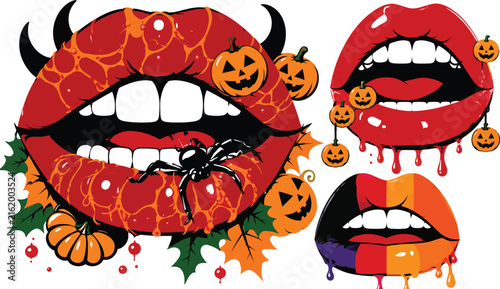 Halloween Sexy Lips Vector Collection with Spooky Spider, Devil Horns and Pumpkin Ornaments. Creative Gothic Mouth Illustrations for Autumn Holiday Design, Invitations and Party Decor.