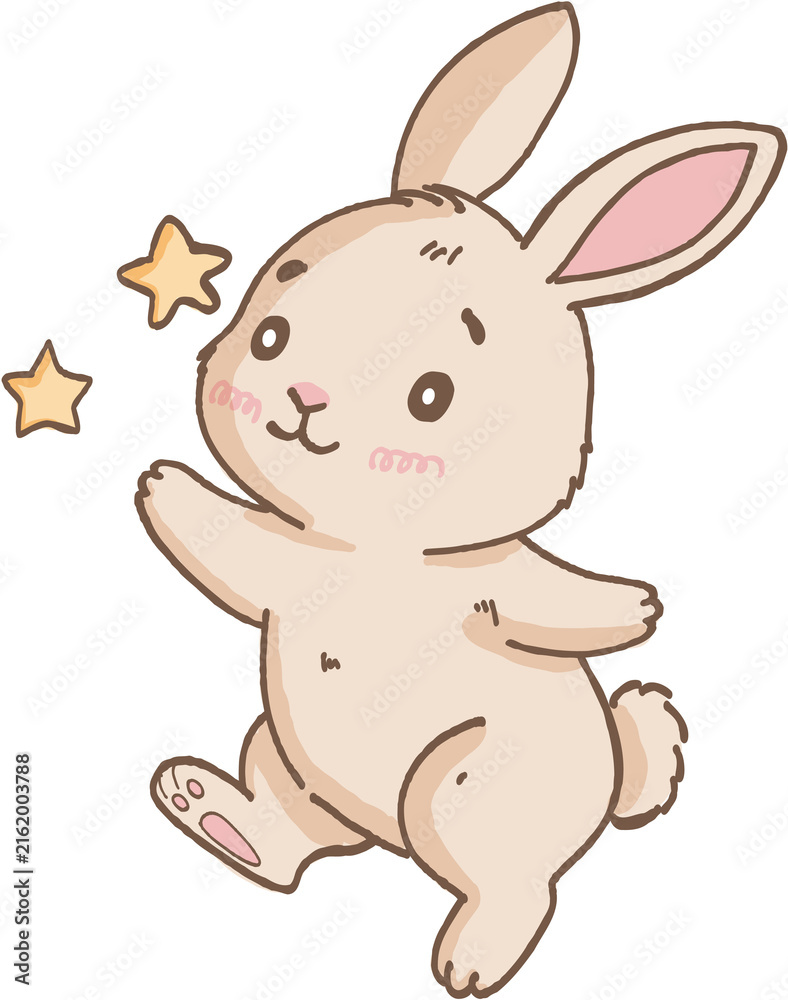 Fototapeta premium Cute beige rabbit with pink cheeks and ears happily playing with two yellow stars in joyful scene