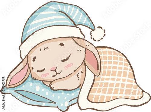 Foto Sleeping rabbit with blue striped nightcap and cozy blanket on blue pillow, peac