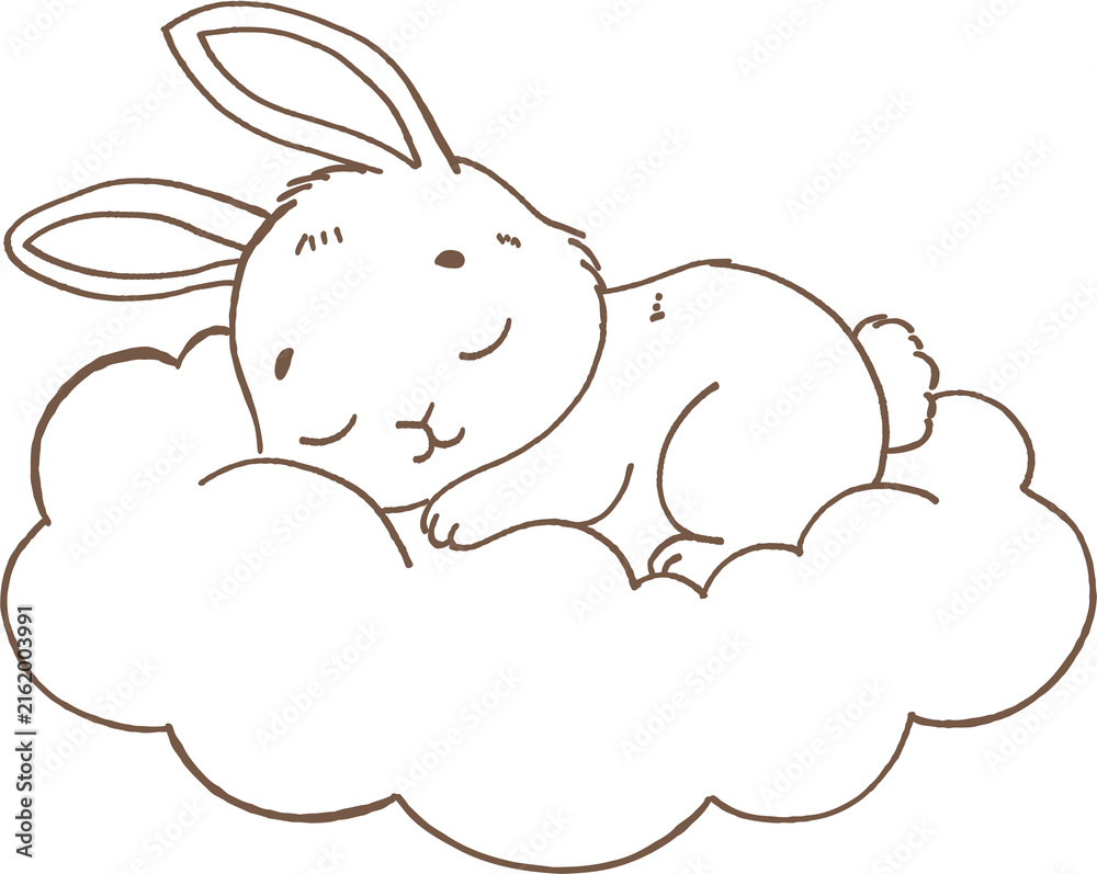 Fototapeta premium Sleeping rabbit outline on soft cloud with peaceful expression, simple brown line art drawing for calm and gentle mood