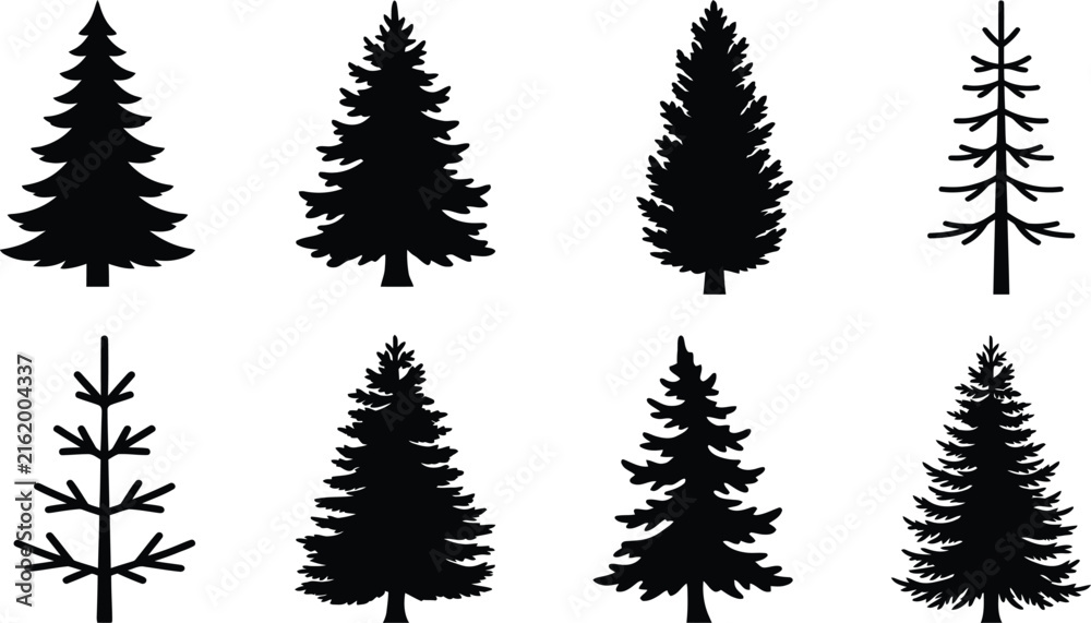 Obraz premium Evergreen Tree Silhouettes Showing Pine and Fir Variations for Forest Illustration, Winter Landscape Design, and Nature Projects