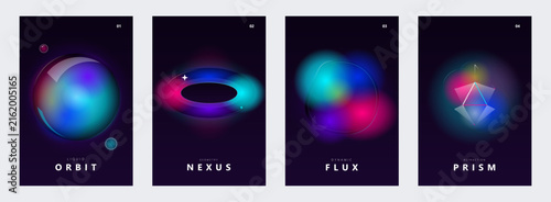 Set of four abstract posters with liquid gradient shapes, glowing spheres, geometric forms, and futuristic dark backgrounds for modern digital design