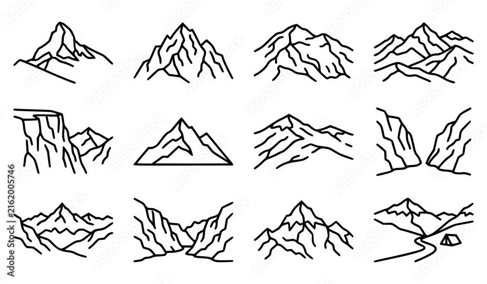 Fototapeta premium Alpine mountain and snowy peak monoline landscape icon collection