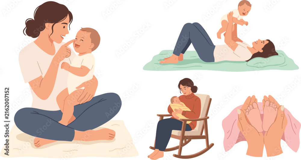 Obraz premium Happy Mother and Baby Vector Character Set with Mom Holding Newborn, Playing on Floor Mat, Rocking in Chair, and Cupping Tiny Infant Feet