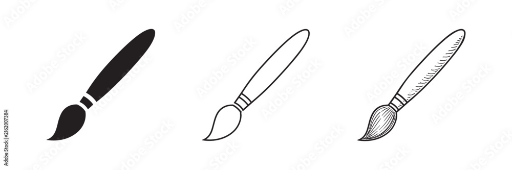 Fototapeta premium Artistic paint brush icon set. Painting, renovation, and art tool symbol. solid, outline and hand drawn sketch styles