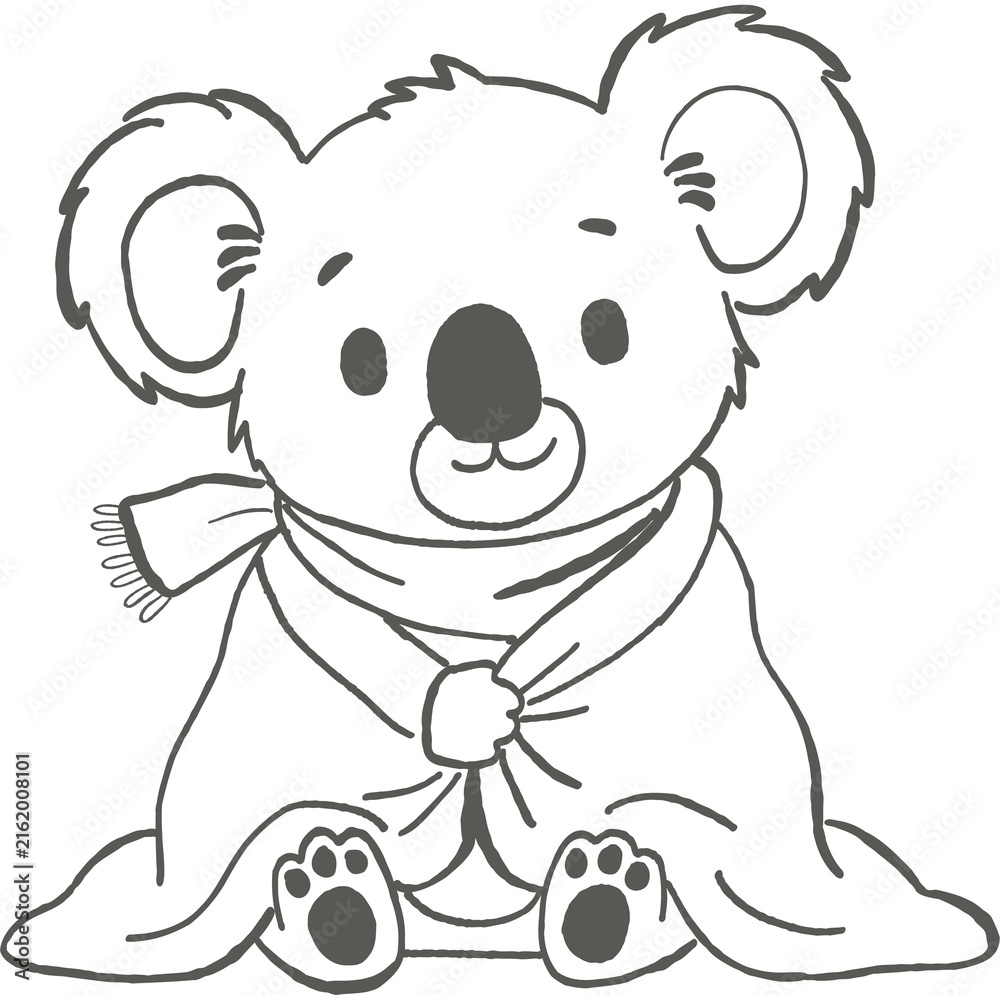 Fototapeta premium Cute koala with scarf and blanket sitting, cozy and warm animal with big ears and paws