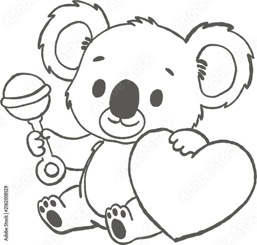 Photography Cute koala holding heart and rattle, adorable baby animal with big ears and soft