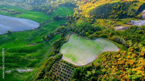 Splendid aerial top-down bird's-eye push-in shot near Santa Vittoria in Matenano with carpet-like green hills, fields, spaces, ravines, surrounded by dense sunlit thickets in vivid emerald colours