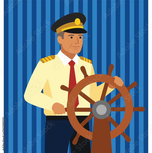 Captain steering ship with wooden wheel on blue striped background maritime travel theme.